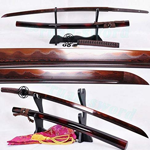 GLW Sword 41" Japanese Samurai Sword Katana Black&Red Folded Steel Clay Tempered Full Tang