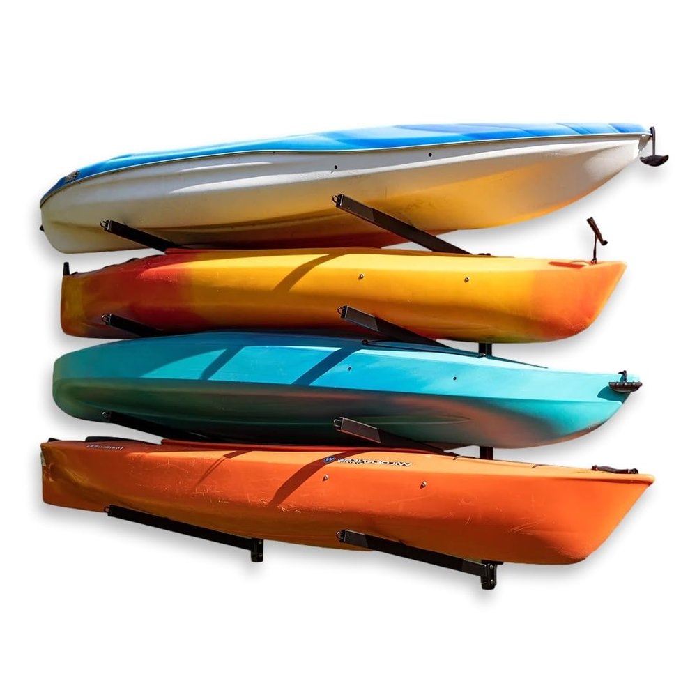 StoreYourBoard G-Kayak Wall Rack  Heavy-Duty Outdoor Kayak Rack for 4 Boats, Adjustable Storage Wall Mount Hanger, Space-Saving Outdoor Storage for Kayak Wall Mount - Holds 400 lbs - Silver