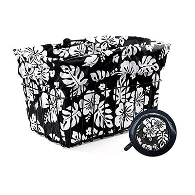 Cruiser Candy Bicycle Basket Liner Tote, Beach Cruiser Basket Cover, Ebike Front Wicker/Wire Baskets Fits Up to 15x12x10 Weatherproof Bike Bag.Bicycle Bell Included, Bike Bell (Black White Hibiscus)