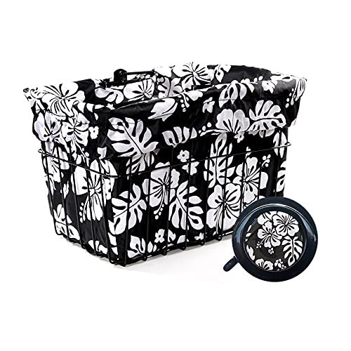 Cruiser Candy Bicycle Basket Liner Tote, Beach Cruiser Basket Cover, Ebike Front Wicker/Wire Baskets Fits Up to 15x12x10 Weatherproof Bike Bag.Bicycle Bell Included, Bike Bell (Black White Hibiscus)