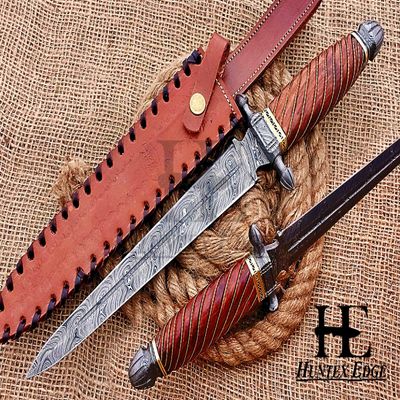 HUNTEX Unique Custom Handmade Hand-Forged Twist Pattern Damascus Steel 15 Inch Long Full Tang Brass Wire Wrapped Walnut Wood Handle Razor Sharp Hunting Camping Dagger Knife with Genuine Leather Sheath