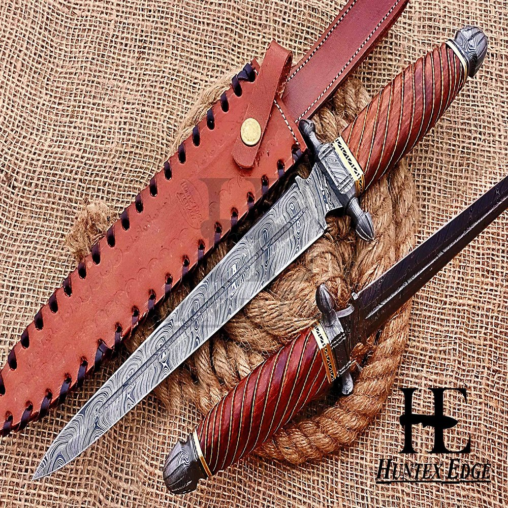 HUNTEX Unique Custom Handmade Hand-Forged Twist Pattern Damascus Steel 15 Inch Long Full Tang Brass Wire Wrapped Walnut Wood Handle Razor Sharp Hunting Camping Dagger Knife with Genuine Leather Sheath