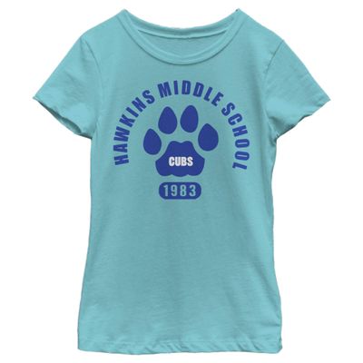 Fifth Sun Stranger Things Hawkins Cubs Paw Emblem Girls Short Sleeve Tee Shirt, Tahiti Blue, Large