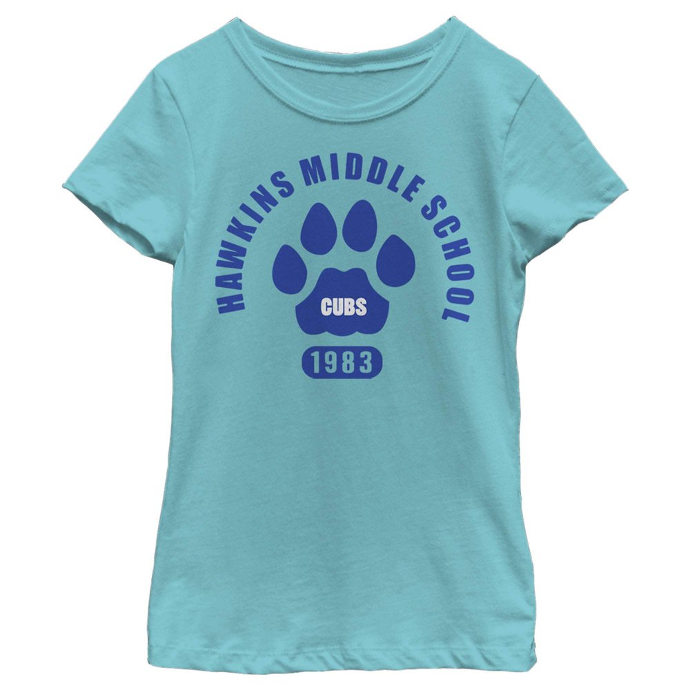 Fifth Sun Stranger Things Hawkins Cubs Paw Emblem Girls Short Sleeve Tee Shirt, Tahiti Blue, Large