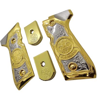 Combo Metal Grip Set with 2 Magazine Floor Plates, Compatible with Beretta 92F, 92FS, M9 & 96 Series, Nickel and Gold Two-Tone Plated Finish Decorative Replacement Accessory