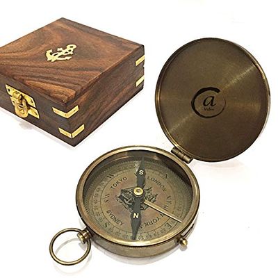 AV Brass Sundial Compass with Wooden Box Nautical Sailor Navigation Gift (Royal Navy/Square Box)
