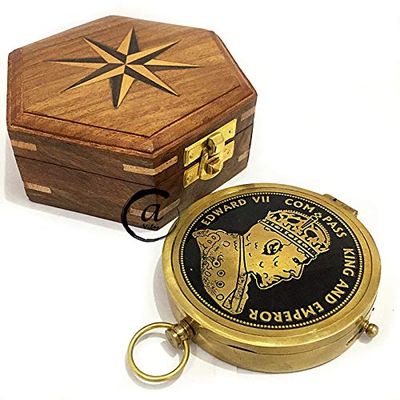 AV Brass Sundial Compass with Wooden Box Nautical Sailor Navigation Gift (Brass/Edward)