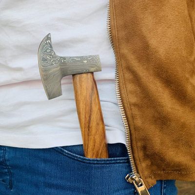 HUNTEX Unique Custom Hand-Forged Twist Pattern Damascus Steel 11 Inch Long Walnut Wood Handle Full Tang Razor Sharp Hunting Camping Outdoor Broad Blade Handy Viking Axe w/Genuine Leather Sheath