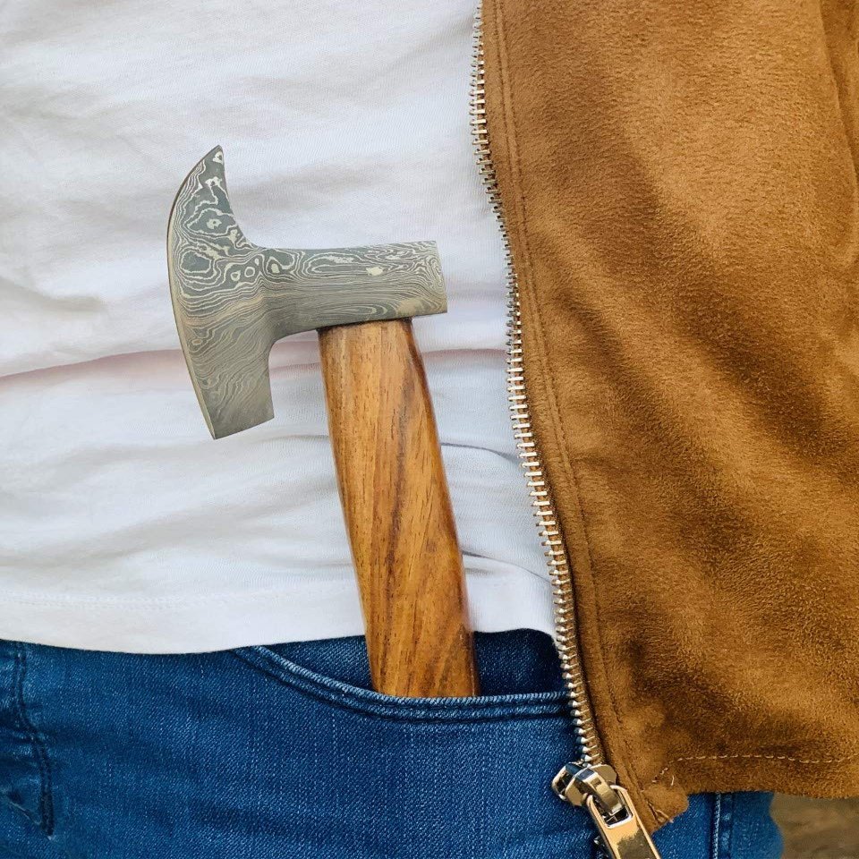 HUNTEX Unique Custom Hand-Forged Twist Pattern Damascus Steel 11 Inch Long Walnut Wood Handle Full Tang Razor Sharp Hunting Camping Outdoor Broad Blade Handy Viking Axe w/Genuine Leather Sheath