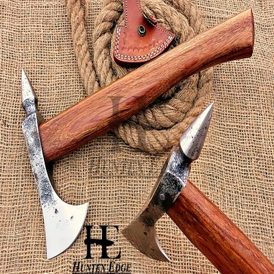 HUNTEX Unique Custom Exposed Hand-Forged Marked 1095 High Carbon Steel 14 Inch Long Walnut Wood Handle Full Tang Razor Sharp Hunting Camping Outdoor Splitter Viking Axe with Genuine Leather Sheath