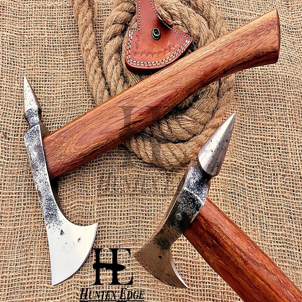 HUNTEX Unique Custom Exposed Hand-Forged Marked 1095 High Carbon Steel 14 Inch Long Walnut Wood Handle Full Tang Razor Sharp Hunting Camping Outdoor Splitter Viking Axe with Genuine Leather Sheath