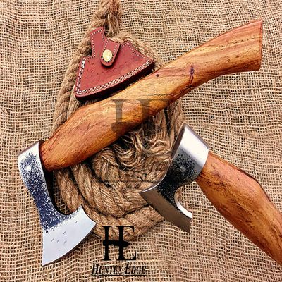 HUNTEX Unique Custom Exposed Hand-Forged Marked 1095 High Carbon Steel 15 Inch Long Walnut Wood Handle Full Tang Razor Sharp Hunting Camping Outdoor Bearded Bladed Axe with Genuine Leather Sheath