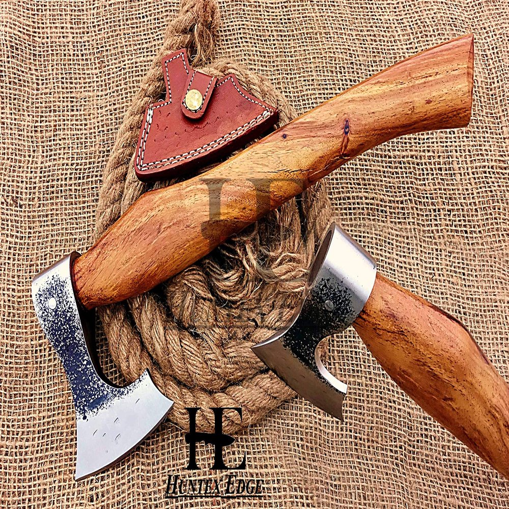 HUNTEX Unique Custom Exposed Hand-Forged Marked 1095 High Carbon Steel 15 Inch Long Walnut Wood Handle Full Tang Razor Sharp Hunting Camping Outdoor Bearded Bladed Axe with Genuine Leather Sheath