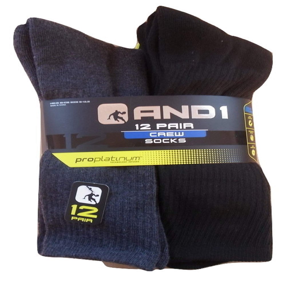 12 pairs And1 6-Black 6-Grey Crew Socks Mens size 6-12.5 And 1 Proplatinum