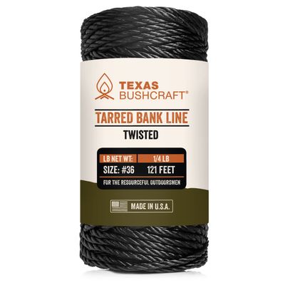 Texas Bushcraft Tarred Bank Line Twine - #36 Black Nylon String for Fishing, Camping and Outdoor Survival Strong, Weather Resistant Bankline Cordage for Trotline (1/4 lb, Twisted)