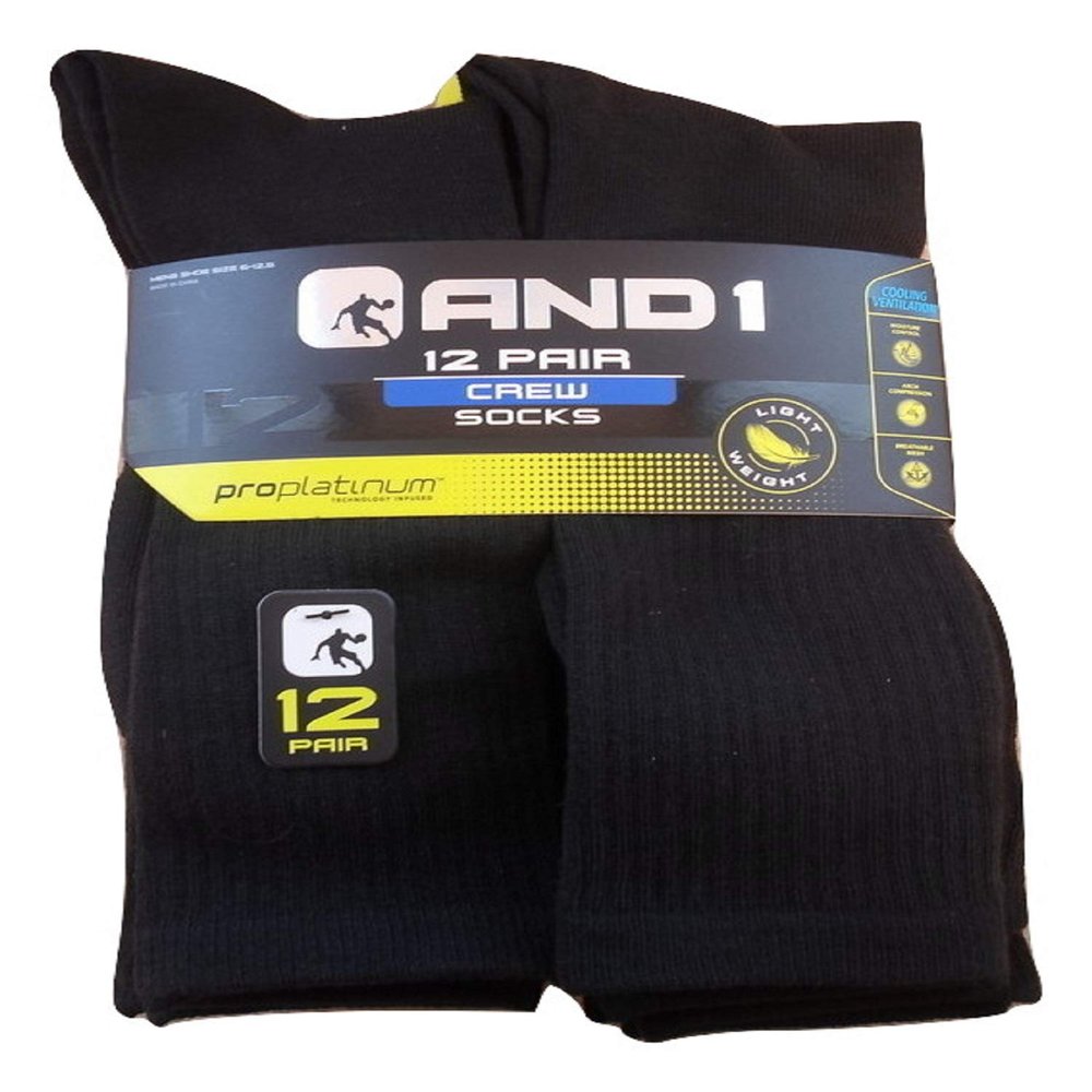 12 pairs And1 Black Lightweight Crew Socks Mens size 6-12.5 And 1 Proplatinum
