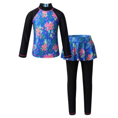 FEESHOW Girls Floral Long Sleeve Rash Guard Swimsuit Top Shirt with Pantskirt Sun Protection Swimwear Bathing Suit Black&Blue 4