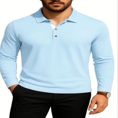 KUYIGO Mens Polo Shirts Slim Fit Soft Long Sleeve Golf Tennis T-Shirts Medium Sky Blue