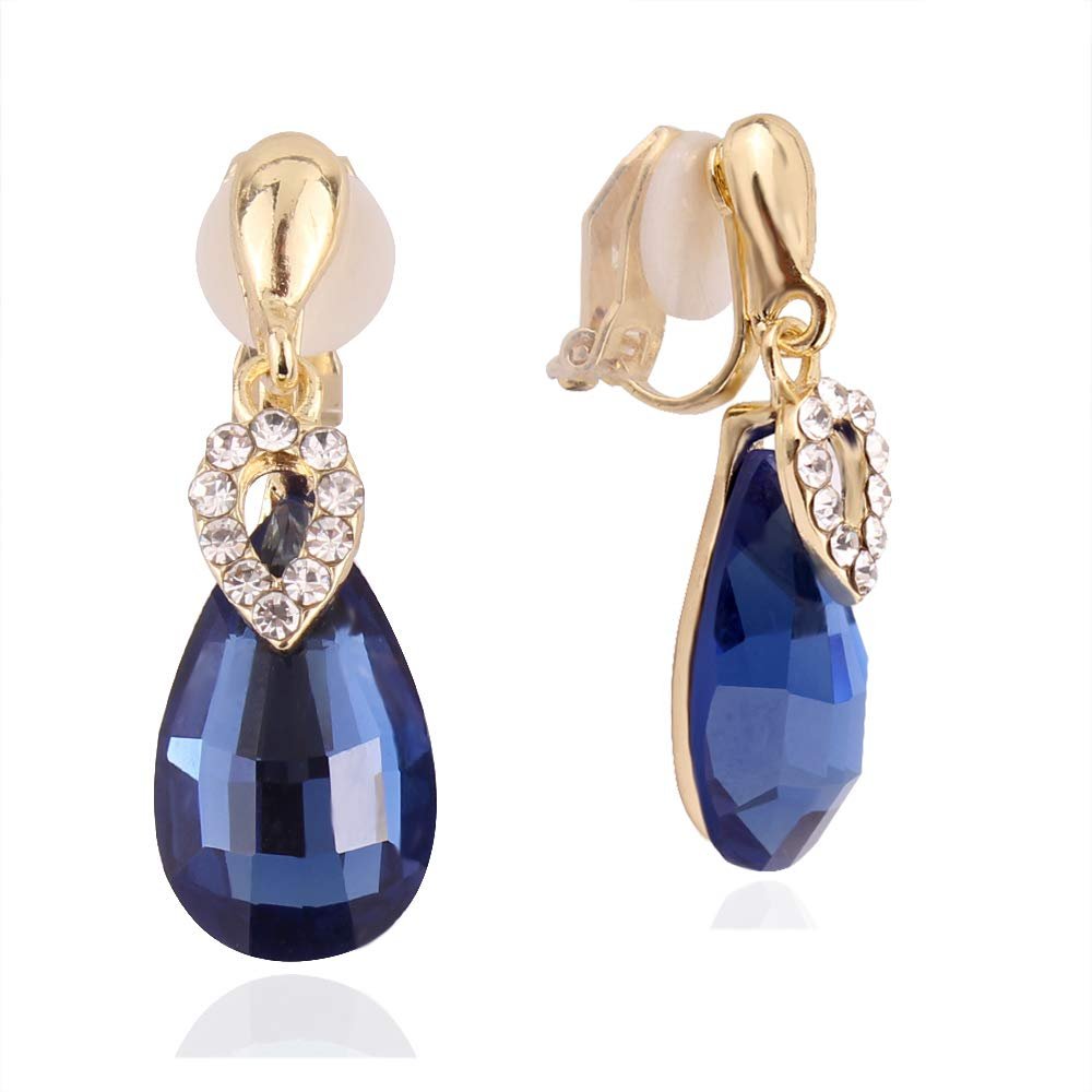 HAPPYAN High-grade Rhinestone Crystal Clip on Earrings No Pierced for Women Party Wedding Anti-Allergy Ear Clip (Navy Blue Clip-ons)