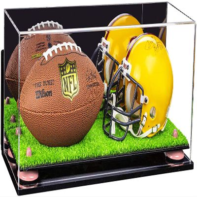 Better Display Cases Acrylic Mini - Miniature (not Full Size) Football and Helmet Display Case with Mirror, Wall Mount, Pink Risers and Turf Base (B46/A019)