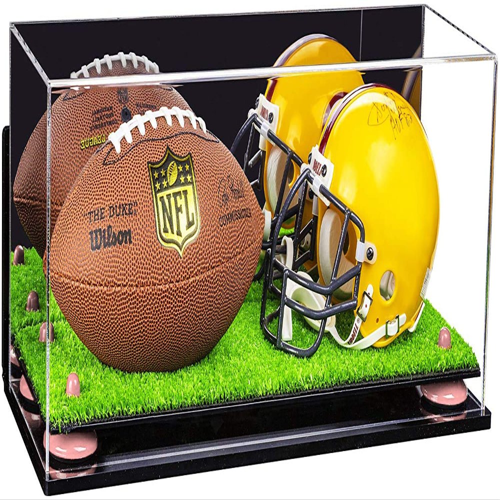 Better Display Cases Acrylic Mini - Miniature (not Full Size) Football and Helmet Display Case with Mirror, Wall Mount, Pink Risers and Turf Base (B46/A019)