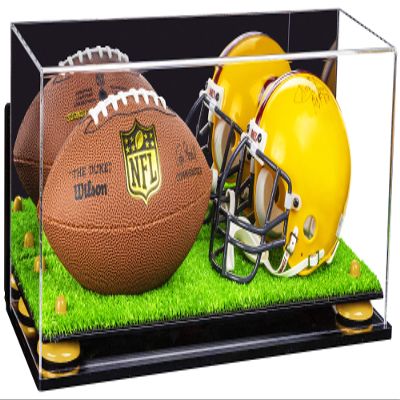 Better Display Cases Acrylic Mini - Miniature (not Full Size) Football and Helmet Display Case with Mirror, Wall Mount, Yellow Risers and Turf Base (B46/A019)