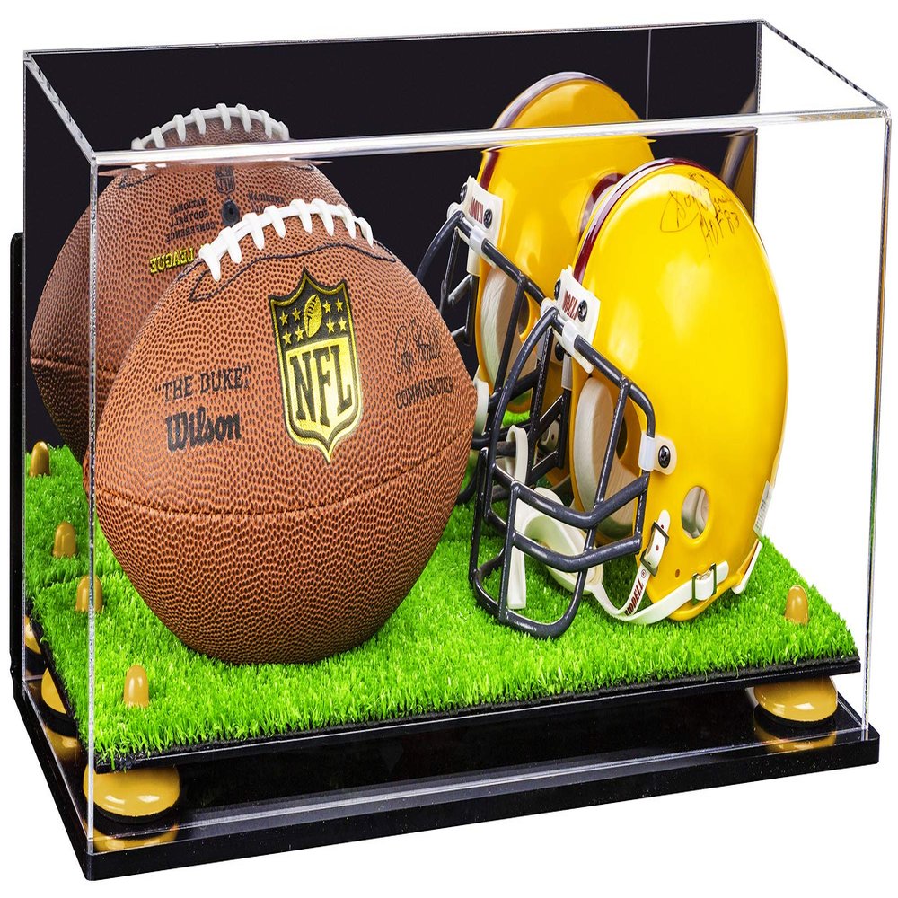 Better Display Cases Acrylic Mini - Miniature (not Full Size) Football and Helmet Display Case with Mirror, Wall Mount, Yellow Risers and Turf Base (B46/A019)
