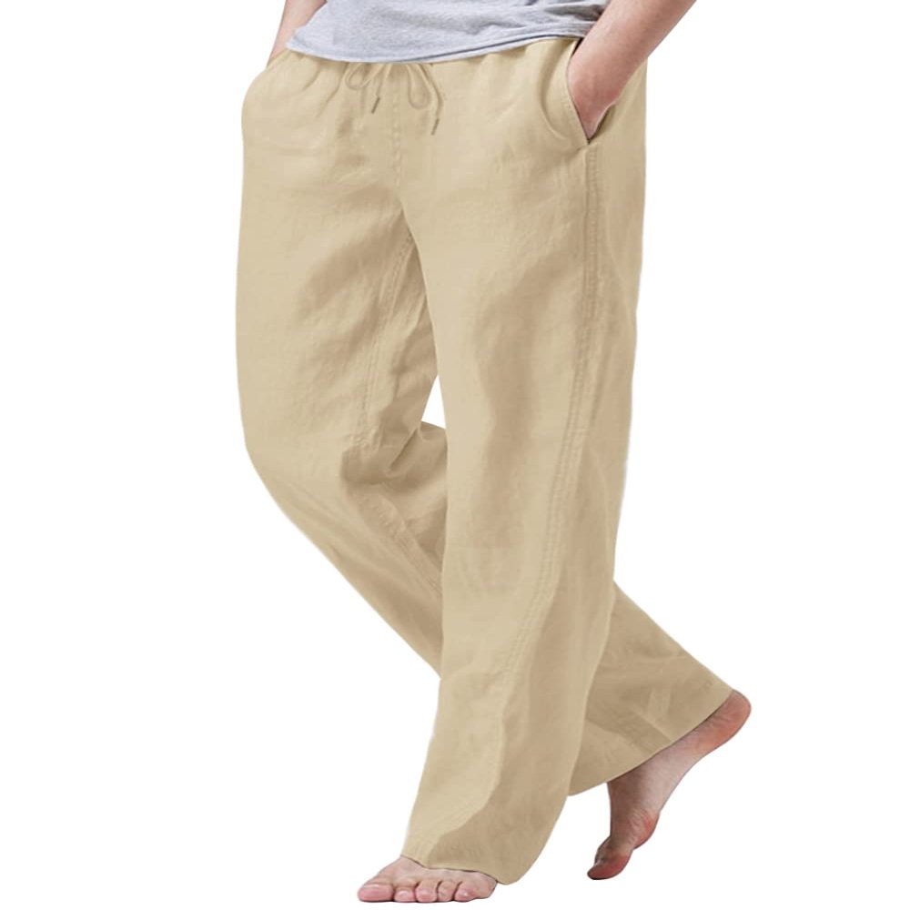 iWoo Mens Casual Linen Pants Yoga Pants 2025 Summer Travel Beach Elastic Drawstring Waist Pajama Pant Baggy Pj Khaki XXL