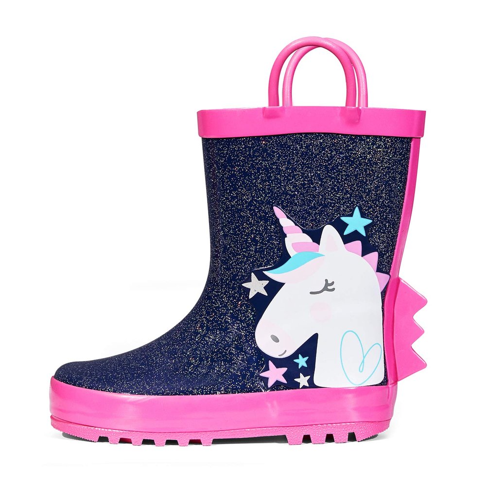 K KomForme Kids Rain Boots Waterproof Printed Rubber boots with Handles, Size 12 Little Kid, Glitter Unicorn Star