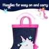 K KomForme Kids Rain Boots Waterproof Printed Rubber boots with Handles, Size 1 Big Kid, Glitter Unicorn Star view 4