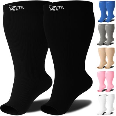 Zeta Wear 1 Pair Plus Size Compression Socks Open Toe for Women & Men | 15-19 mmHg Wide Calf Support - Fits Up to 26" Legs | Relief for Swelling, Varicose Veins, Pregnancy, Nurses, Travel