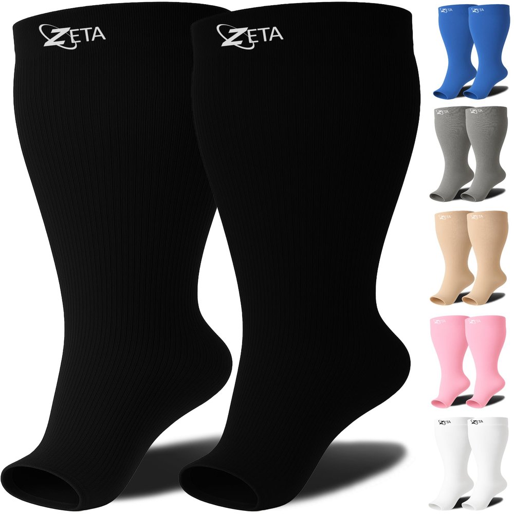 Zeta Wear 1 Pair Plus Size Compression Socks Open Toe for Women & Men | 15-19 mmHg Wide Calf Support - Fits Up to 26" Legs | Relief for Swelling, Varicose Veins, Pregnancy, Nurses, Travel