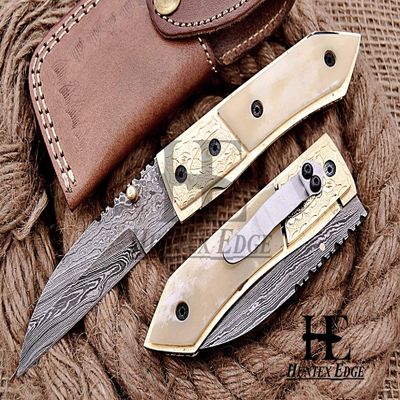 HUNTEX Custom Handmade Hand-Forged Twist Pattern Damascus Steel 4 Inch Long Natural Camel Bone Handle Razor Sharp Camp Hunting Folding Pocket Sheepsfoot Knife with Pocket Clip & Genuine Leather Pouch