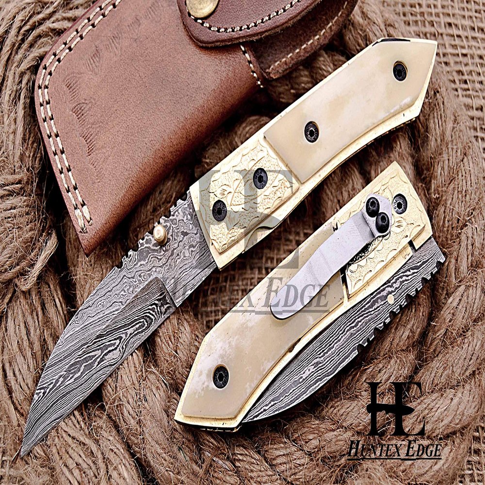 HUNTEX Custom Handmade Hand-Forged Twist Pattern Damascus Steel 4 Inch Long Natural Camel Bone Handle Razor Sharp Camp Hunting Folding Pocket Sheepsfoot Knife with Pocket Clip & Genuine Leather Pouch