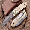 HUNTEX Custom Handmade Hand-Forged Twist Pattern Damascus Steel 4 Inch Long Natural Camel Bone Handle Razor Sharp Camp Hunting Folding Pocket Sheepsfoot Knife with Pocket Clip & Genuine Leather Pouch view 1