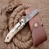 HUNTEX Custom Handmade Hand-Forged Twist Pattern Damascus Steel 4 Inch Long Natural Camel Bone Handle Razor Sharp Camp Hunting Folding Pocket Sheepsfoot Knife with Pocket Clip & Genuine Leather Pouch view 2