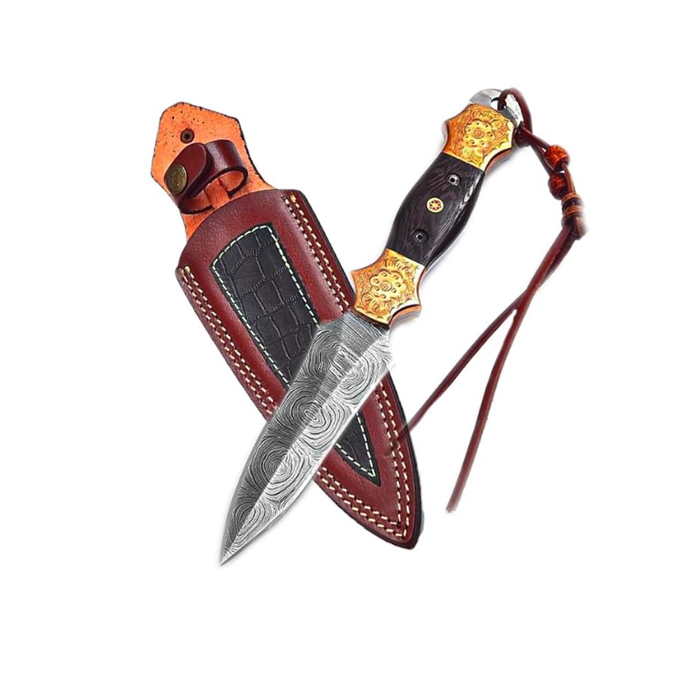 Dessi Damascus Steel Fixed Blade Knife Handmade Hunting Camping Hiking, Hand Engraved Copper Bolsters Wenge Wood Handle, Leather Sheath SM11