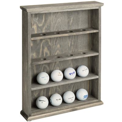 MyGift Premium Solid Vintage Gray Wood Wall Mounted Golf Ball Holder Frame Shelf, Hanging Open Display 4 Tier Cabinet Collector Case Holds up to 16 Balls