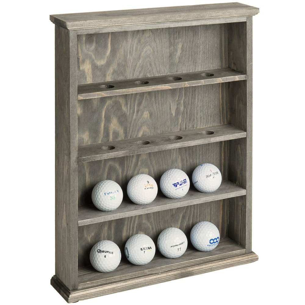 MyGift Premium Solid Vintage Gray Wood Wall Mounted Golf Ball Holder Frame Shelf, Hanging Open Display 4 Tier Cabinet Collector Case Holds up to 16 Balls