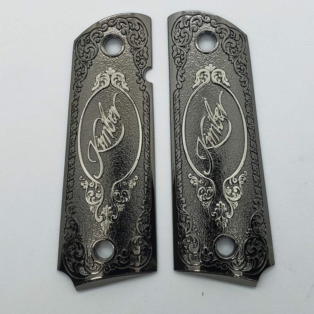 Custom 1911 Grips Full Size Ambi Cut Black Nickel Plated Metal