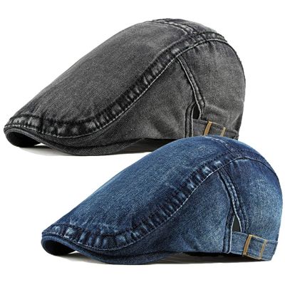 2 Pack Mens Denim Cotton Newsboy Cap Ivy Gatsby Driving Hunting Cabbie Hats (C)