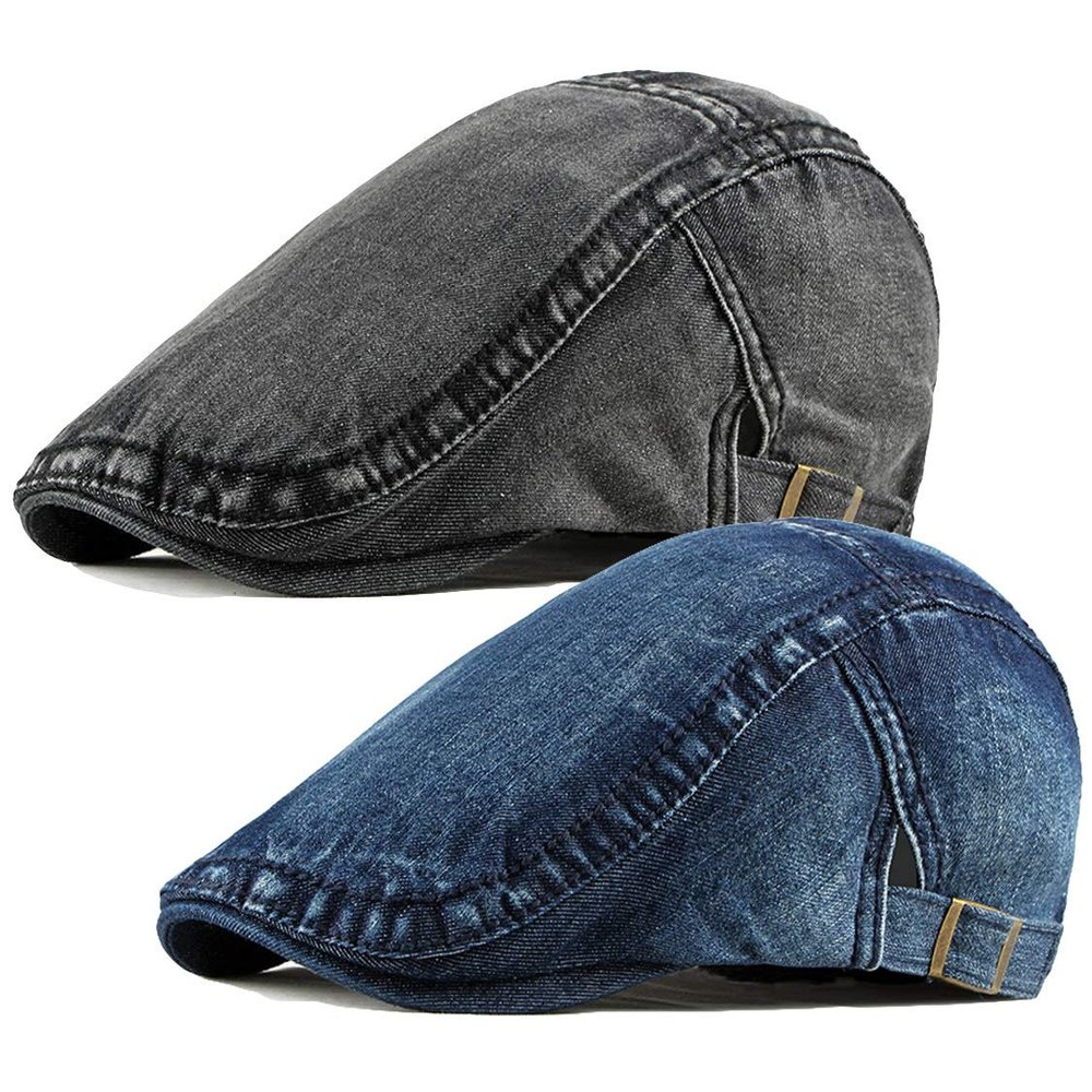 2 Pack Mens Denim Cotton Newsboy Cap Ivy Gatsby Driving Hunting Cabbie Hats (C)