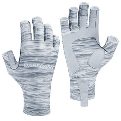 BASSDASH ALTIMATE UPF 50+ Womens Fishing Gloves UV Sun Protection Fingerless Gloves for Kayaking Paddling Hiking Cycling Driving Shooting Training (Grey Water Camo, S)