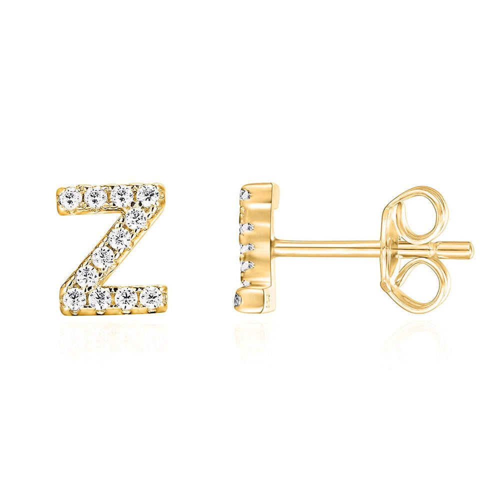 PAVOI CZ Stud Earrings, 925 Silver, 14K Gold Plated, Yellow Gold, Letter Z