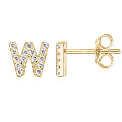 PAVOI CZ Stud Earrings, 925 Silver, 14K Gold Plated, Yellow Gold, Letter W