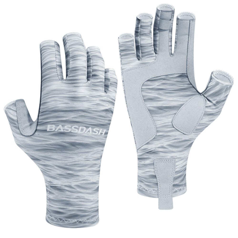 BASSDASH ALTIMATE UPF 50+ Womens Fishing Gloves UV Sun Protection Fingerless Gloves for Kayaking Paddling Hiking Cycling Driving Shooting Training (Grey Water Camo, XS)