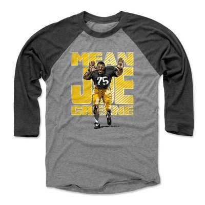 500 LEVEL Mean Joe Greene 3/4 Sleeve T-Shirt (Baseball Tee, XXX-Large, Black/Heather Gray) - Joe Greene Bold WHT