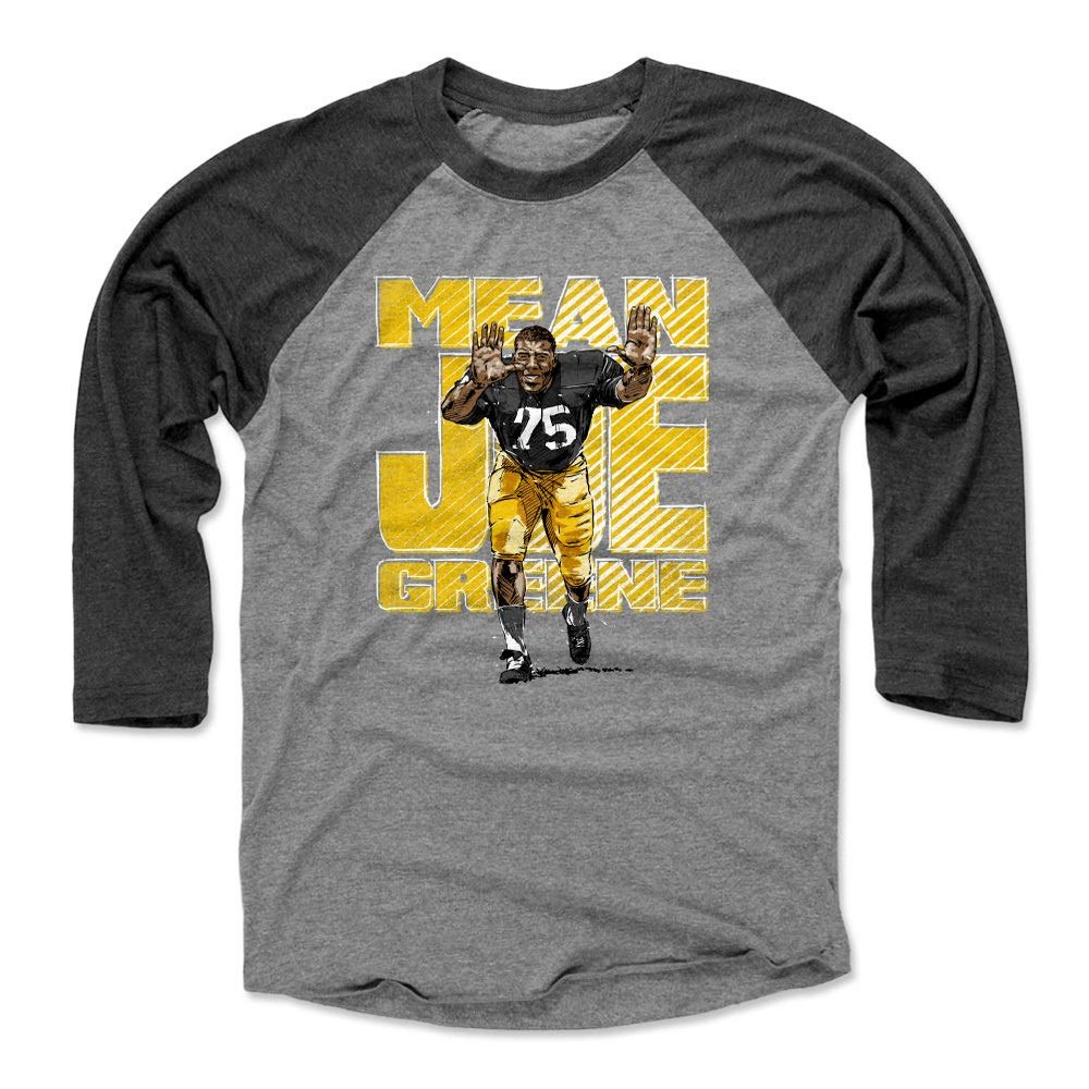 500 LEVEL Mean Joe Greene 3/4 Sleeve T-Shirt (Baseball Tee, XXX-Large, Black/Heather Gray) - Joe Greene Bold WHT