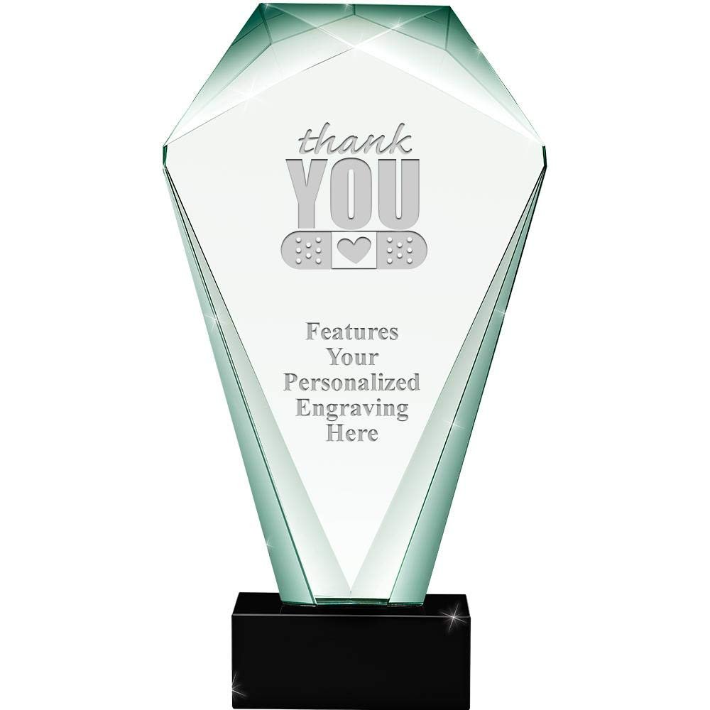 11" Jade Shrine Thank You with Band Aid Crystal Award, Custom Engraved Thank You with Band Aid Trophy, Engraving Included Prime