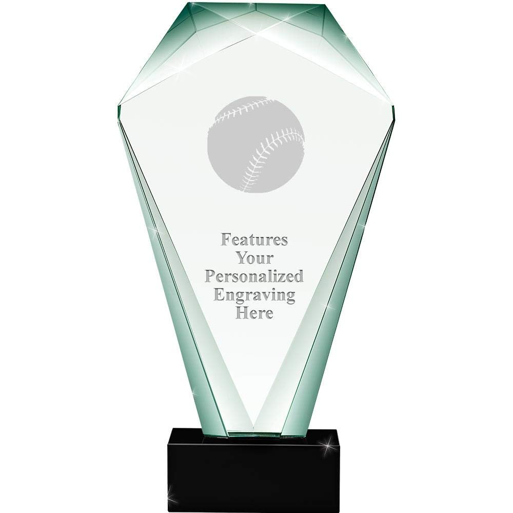 11" Jade Shrine Baseball Crystal Award, Custom Engraved Baseball Trophy, Engraving Included Prime